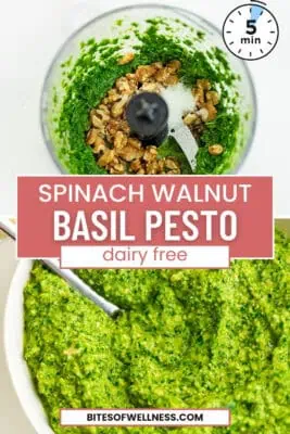 Bowl filled with spinach basil walnut pesto, spoon in the bowl.