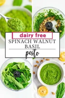 Bowl filled with spinach basil walnut pesto, spoon in the bowl.