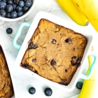 Blueberry Banana Bread in a square teal baking dish