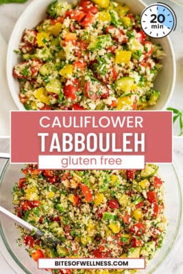 Bowl filled with cauliflower tabbouleh salad
