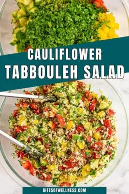 Bowl filled with cauliflower tabbouleh salad
