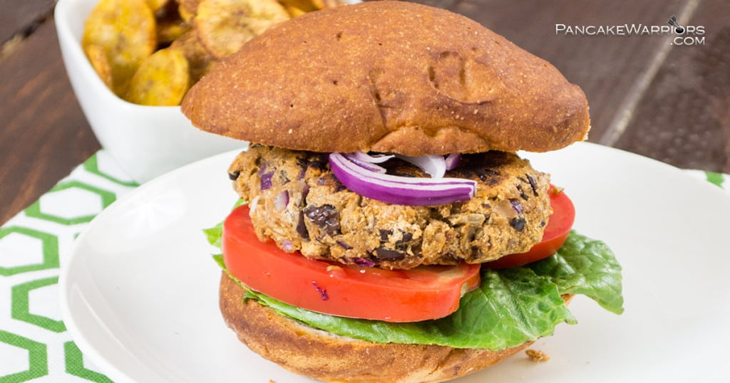  Plantain Black Bean Burgers with lettuce, tomato and onion