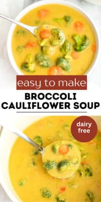 Spoon in a bowl of cauliflower broccoli soup.