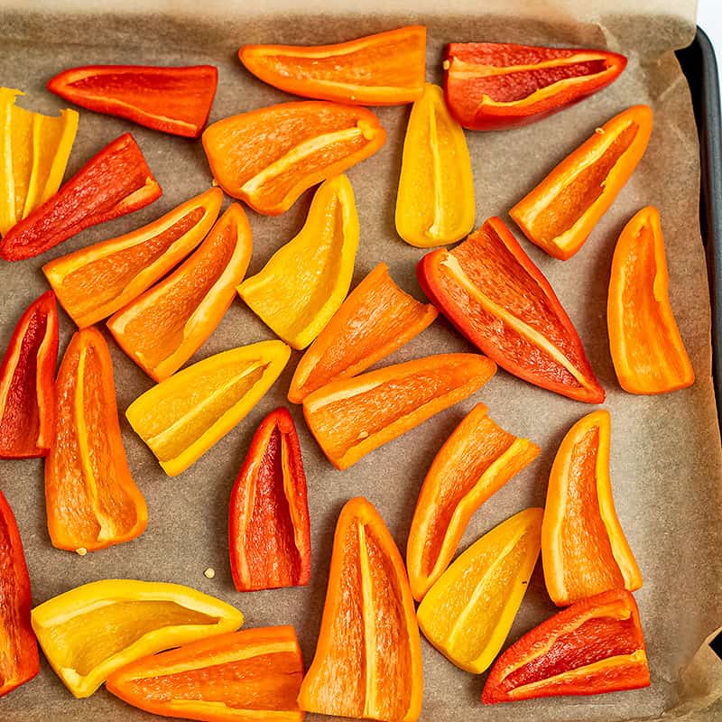 Bell peppers on a tray.