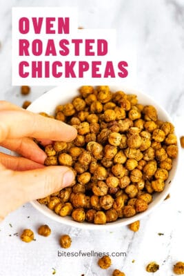Crispy roasted chickpeas seasoned with ranch flavor in a white bowl.