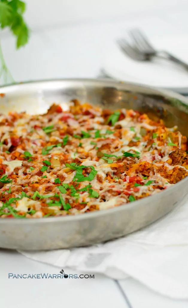 simple low carb cauliflower lasagna in a skillet