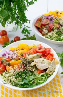 This Greek Zoodle Bowl recipe is a simple, easy summer meal that is ready in minutes, full of flavor and packed with veggies! Vegan, paleo, gluten free, whole30, grain free and delicious! | www.pancakewarriors.com