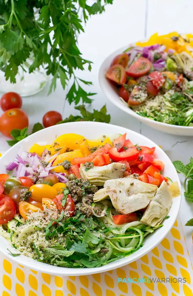  Greek Zoodle Bowl with bell peppers, artichoke hearts and tomatoes