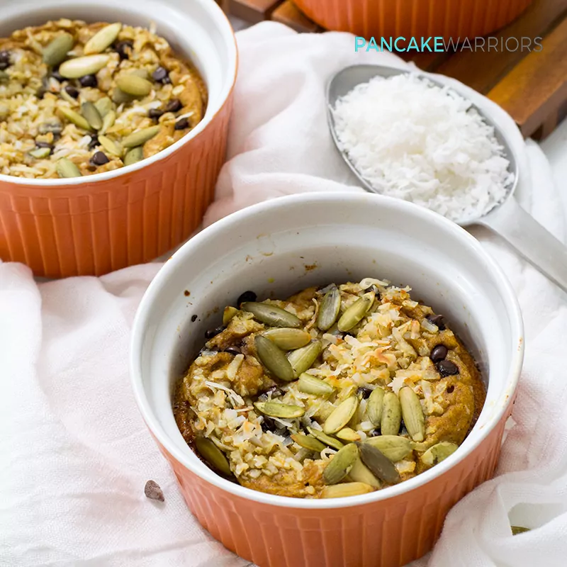 simple individual crustless chocolate chip pumpkin pie in a ramekin 