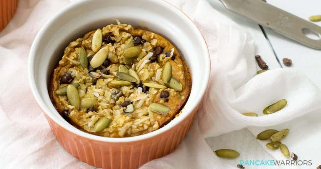 Enjoy this simple individual crustless chocolate chip pumpkin pie anytime! #pumpkin #Glutenfree, #grainfree, whole30, #paleo #easy | https://bitesofwellness.com simple individual crustless chocolate chip pumpkin pie in a ramekin