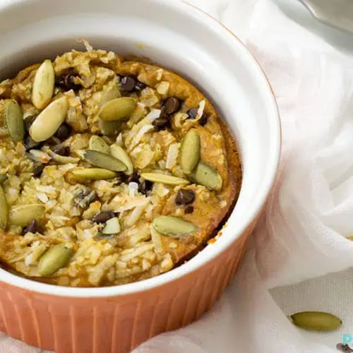 simple individual crustless chocolate chip pumpkin pie in a ramekin