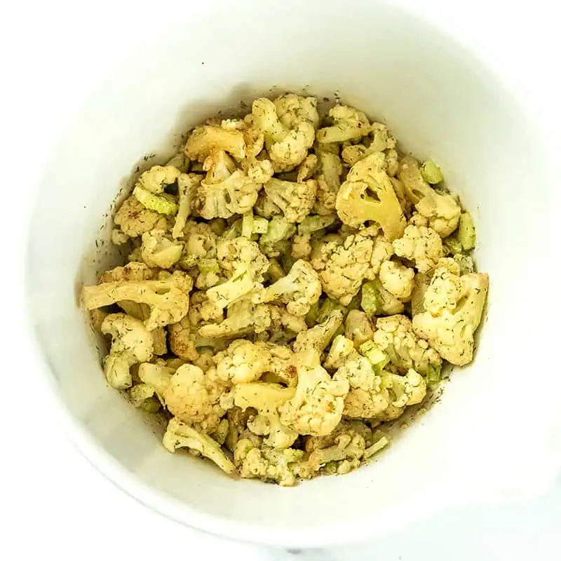 Cauliflower potato salad after tossing.