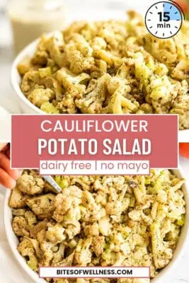 Large white bowl filled with cauliflower potato salad.