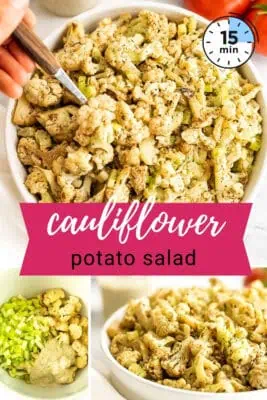 Large white bowl filled with cauliflower potato salad.