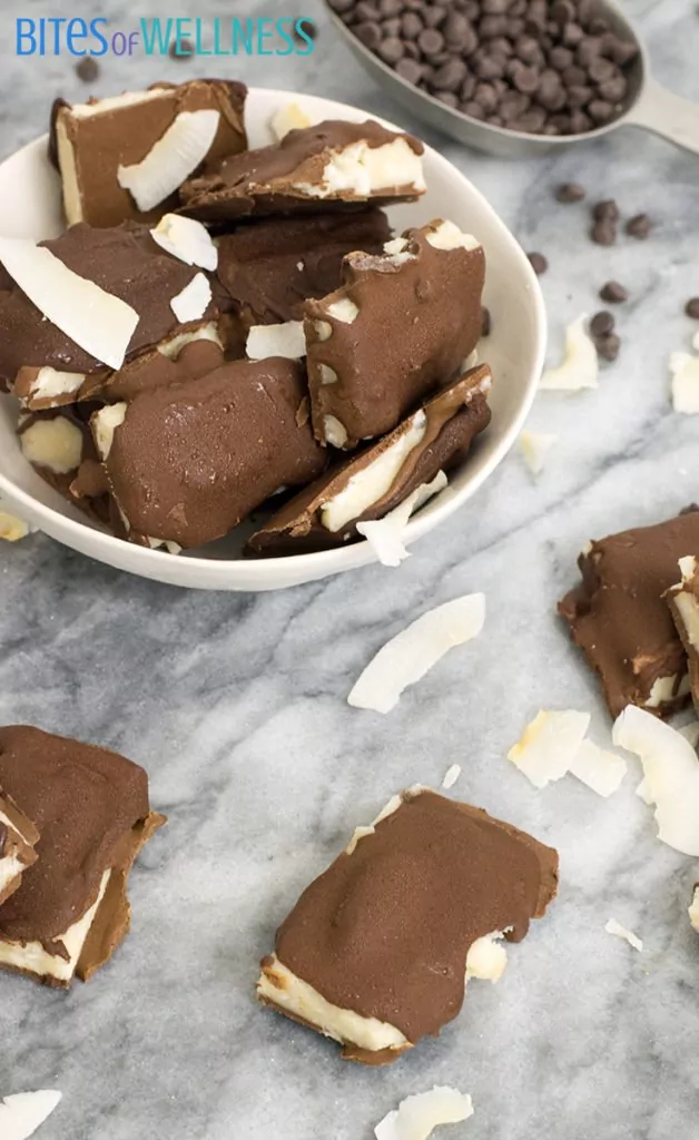 Homemade almond joy candy bars with chocolate chips in a bowl