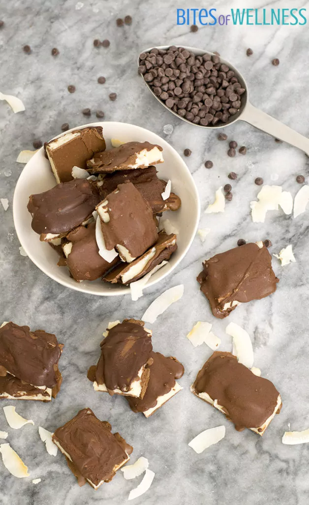 Homemade almond joy candy bars with chocolate chips in a bowl