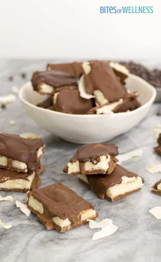 Homemade almond joy candy bars with chocolate chips in a bowl