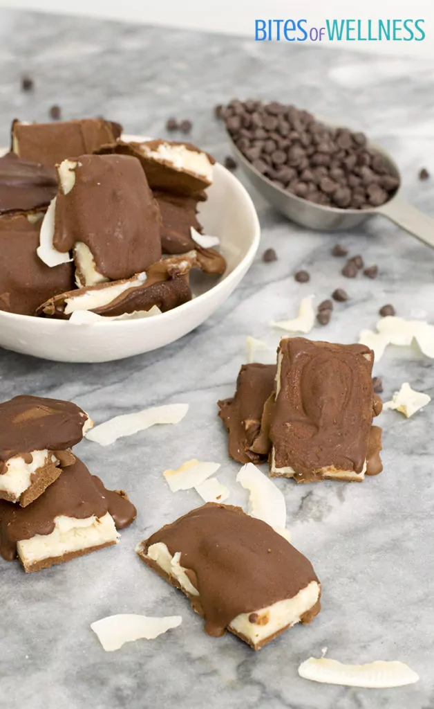 Homemade almond joy candy bars with chocolate chips in a bowl