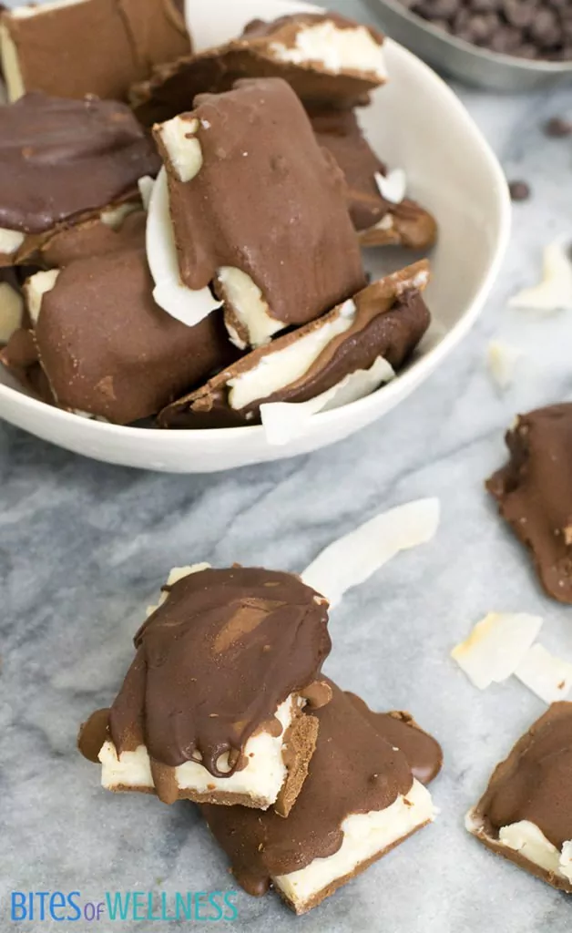 Homemade almond joy candy bars with chocolate chips in a bowl