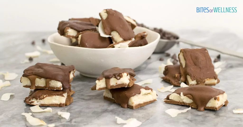 Homemade almond joy candy bars in a bowl