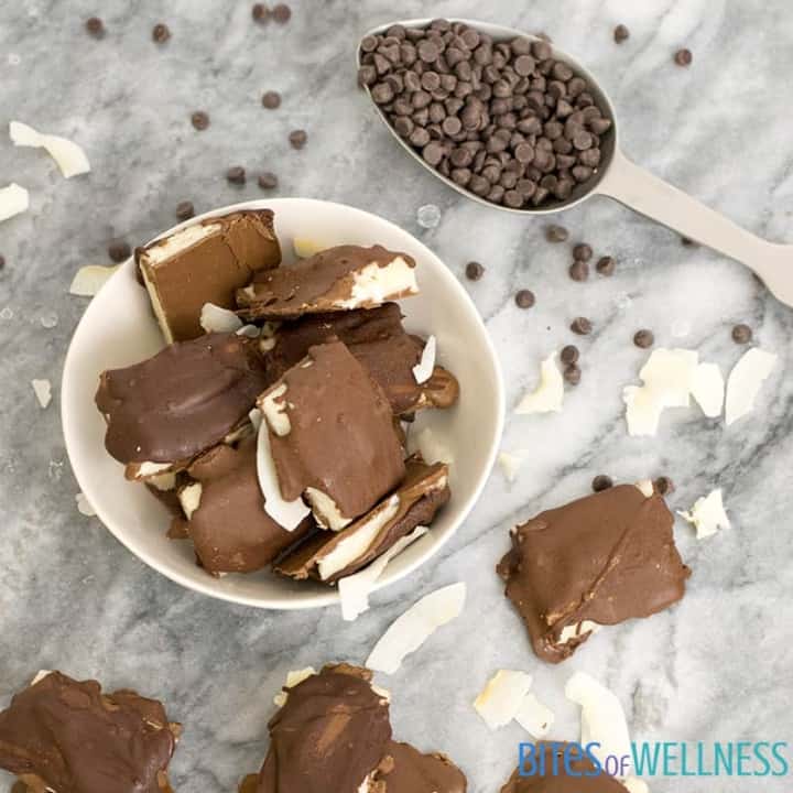 Homemade almond joy candy bars with chocolate chips in a bowl
