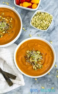 This slow cooker curried butternut squash soup is the perfect meal for a busy weeknight or Sunday Supper. It's vegan, gluten free, paleo, Whole30 and so easy! | bitesofwellness.com