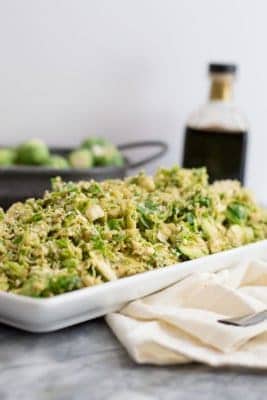 shaved Brussels sprouts coated in balsamic dressing