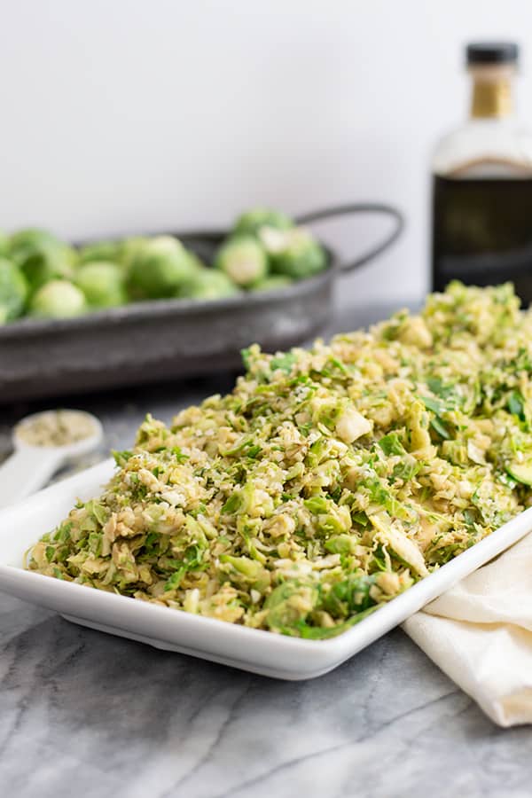 Shaved brussels sprouts salad with creamy balsamic dressing 