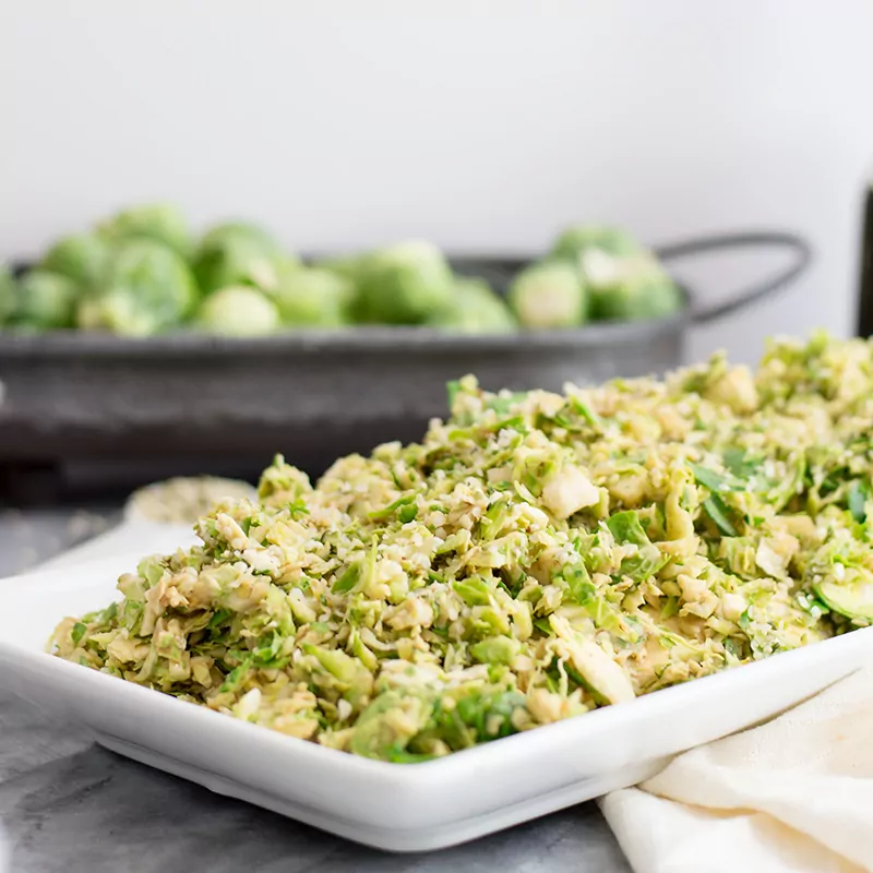 Shaved brussels sprouts salad with creamy balsamic dressing 