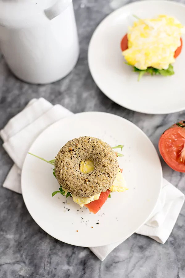 Cauliflower low carb bagels breakfast sandwich with egg and smoked salmon