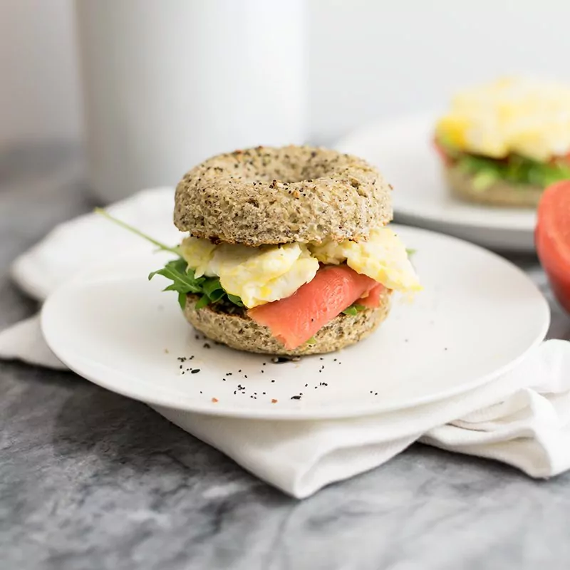 Cauliflower low carb bagels breakfast sandwich with egg and smoked salmon