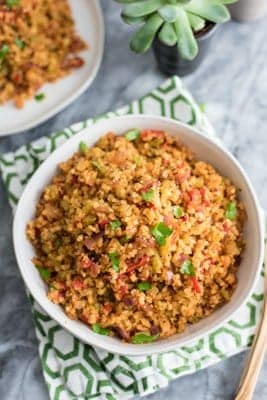This easy grain-free whole30 cauliflower dirty rice is the perfect weeknight meal. Ready in 15 minutes and full of flavor. Grain free, paleo, vegan, whole30, gluten free. #whole30 #grainfree #paleo #vegan