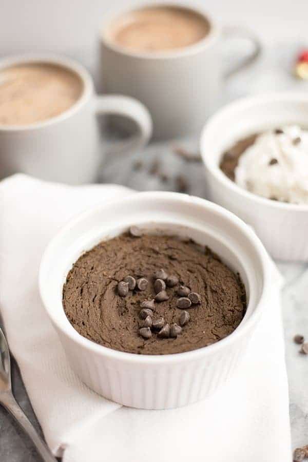 Single serve protein mint chocolate brownies with chocolate chips and hot chocolate