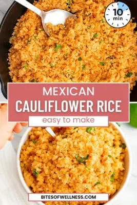 Large bowl filled with Mexican cauliflower rice, spoon resting in the bowl.