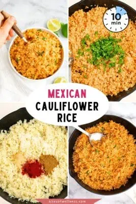Large bowl filled with Mexican cauliflower rice, spoon resting in the bowl.