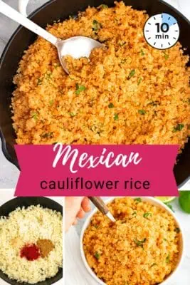 Large bowl filled with Mexican cauliflower rice, spoon resting in the bowl.