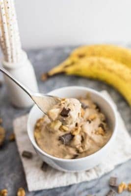 This homemade chunky monkey ice cream is the perfect sweet treat! Vegan, dairy free, and has a paleo option as well! No ice cream maker required! #vegan #dairyfree #icecream #paleo