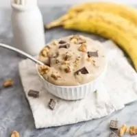 This homemade chunky monkey ice cream is the perfect sweet treat! Vegan, dairy free, and has a paleo option as well! No ice cream maker required! #vegan #dairyfree #icecream #paleo