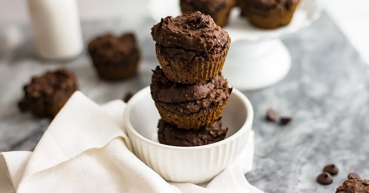 Vegan Chocolate Protein Muffins stacked in a white bowl 