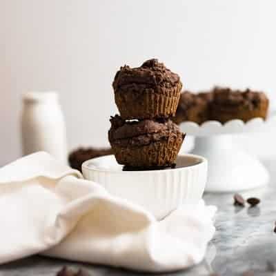 Vegan Chocolate Protein Muffins stacked in a white bowl