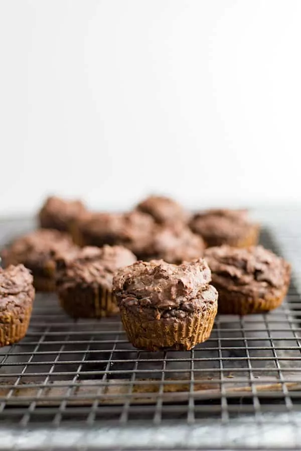 Vegan Chocolate Protein Muffins on a cooling rack