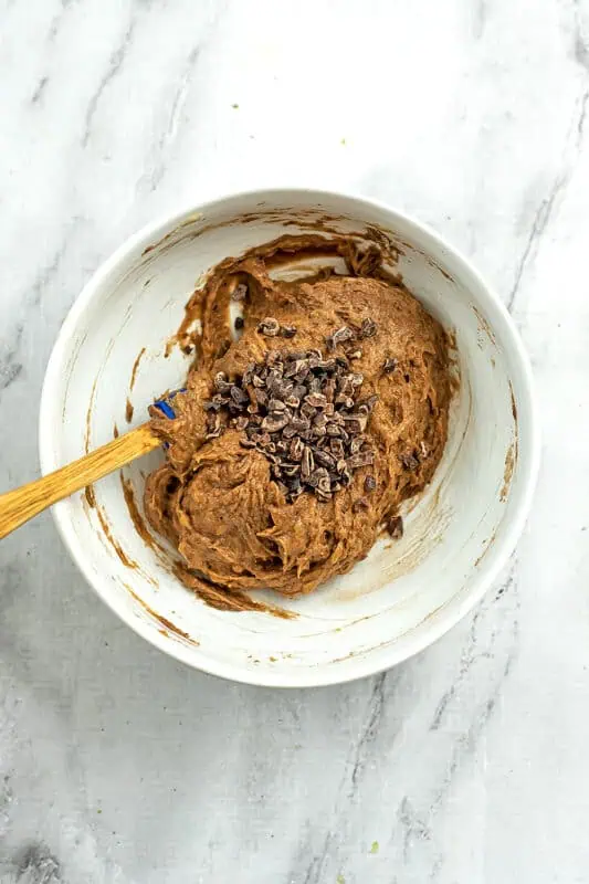 Cacao nibs added to brownie mixture.