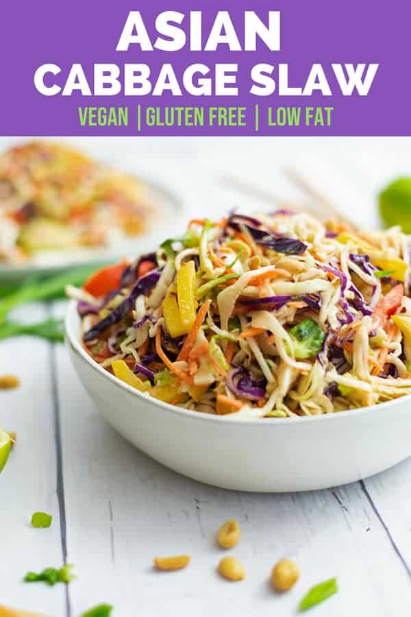 This Asian Cabbage Slaw with peanut lime dressing is the perfect side dish! Low fat, gluten free, vegan and so simple to make. Perfect for an easy weeknight meal or cookout and great for meal prep! | bitesofwellness.com #vegan #mealprep #asianslaw