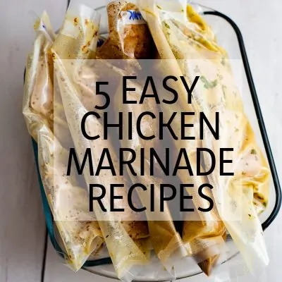 5 bags of chicken sealed with each easy chicken marinade recipe individually in each bag.