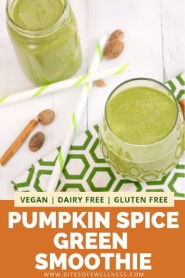 Pumpkin spice green smoothies in two glasses with cinnamon sticks and nutmeg over a green pattern napkin