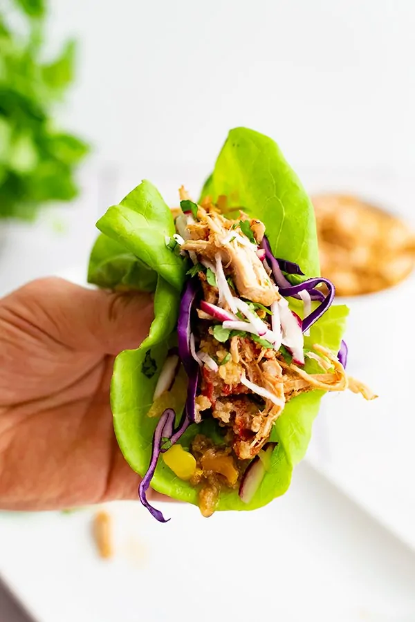Whole30 slow cooker cajun chicken recipe shredded in a lettuce wrap with red cabbage and sliced radishes on top being held by hand like a taco . 