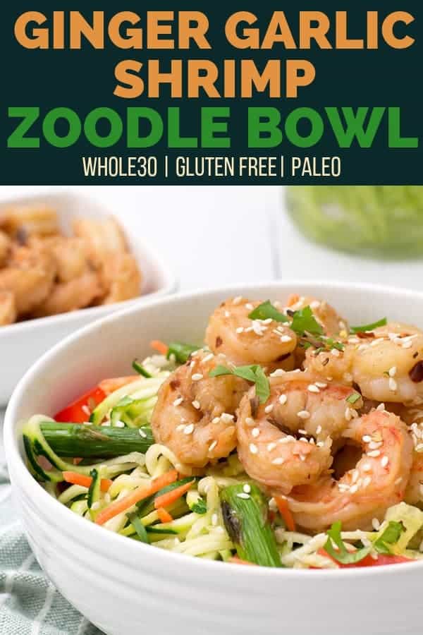 Have a fresh, healthy dinner ready in under 10 minutes with this ginger garlic shrimp zoodle bowl. Gluten free, low carb, grain free, paleo and so simple. Dinner never looked or tasted so good! | bitesofwellness.com #glutenfree #bitesofwellness #paleo #lowcarb