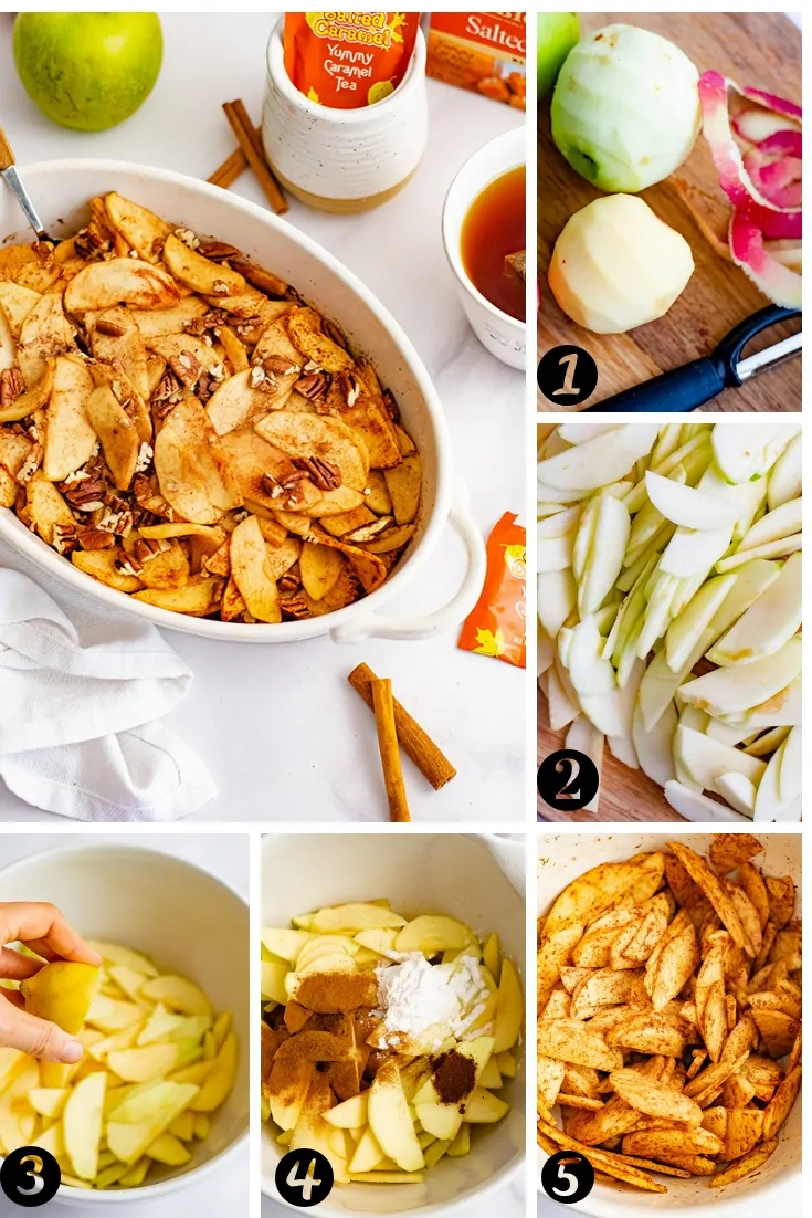 Visual representation of the steps to make this healthy baked sliced apple recipe. See instructions for steps