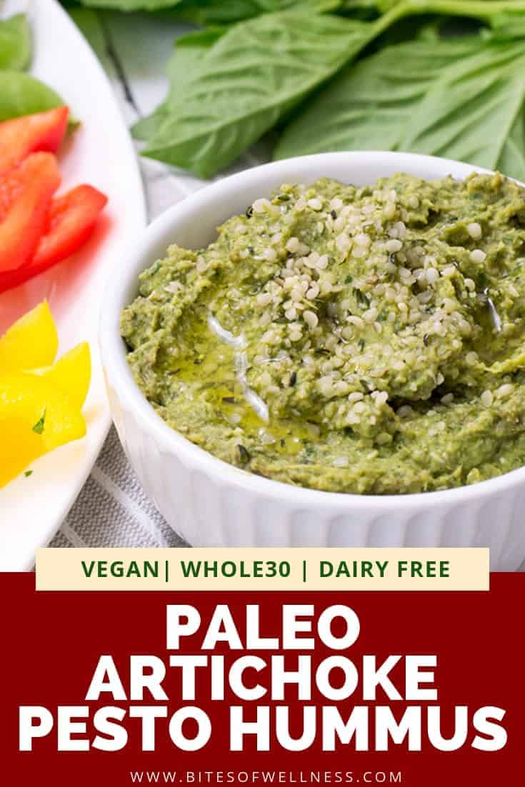 This paleo artichoke pesto hummus is a simple low carb recipe that is so easy to make and a great way to eat more veggies! This clean eating recipe is Whole30 friendly, dairy free, bean free and so easy to make in the food processor. #hummus #artichokes #pesto #vegan #paleo #whole30 | bitesofwellness.com