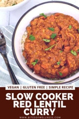Bowl filled with slow cooker red lentil curry with a spoon on the side and pinterest text on the bottom of the photo